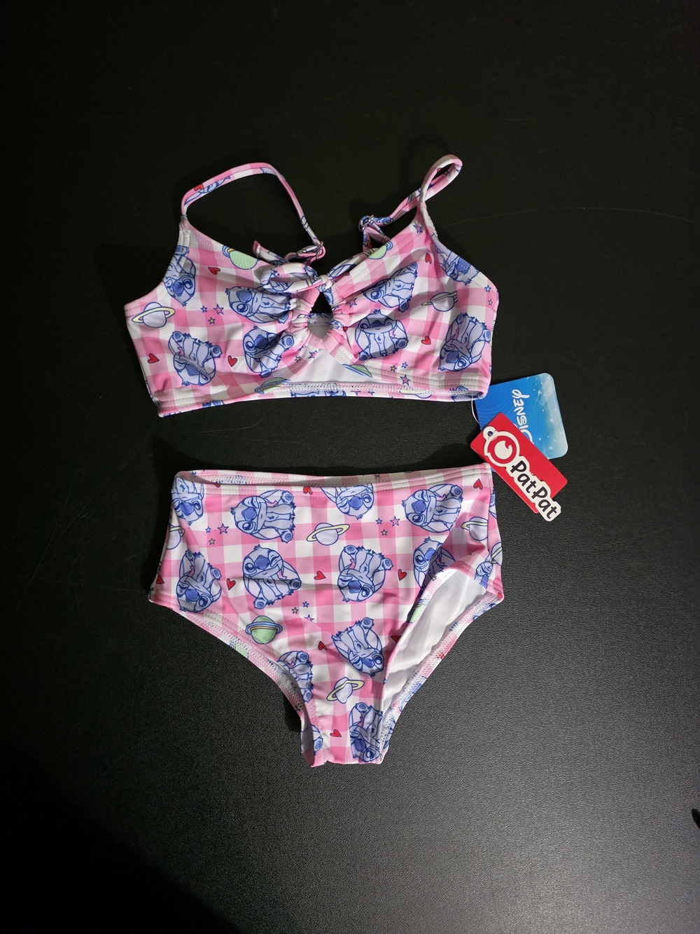PatPat Pink and Blue Checkered Girls' Lilo And Stich Two-Piece Swim Set